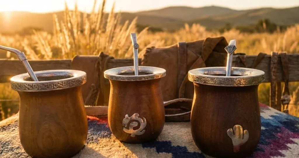 Three mate gourds with bombillas placed on a colorful blanket.